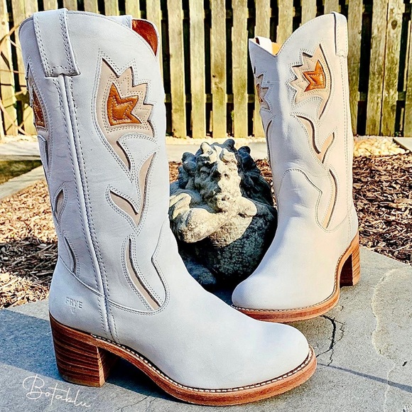 Frye Shoes - FRYE Rare White Vintage Floral Inlay Chunky Heel Western Cowboy Boots, Size 8.5